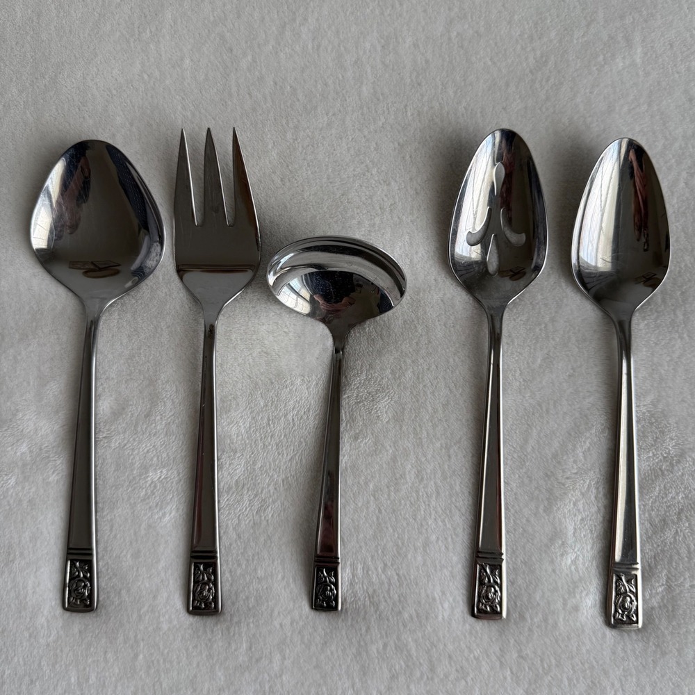 Vintage International Deluxe 5 Pc. Serving Utensil Set Rose Pattern Spoons Fork